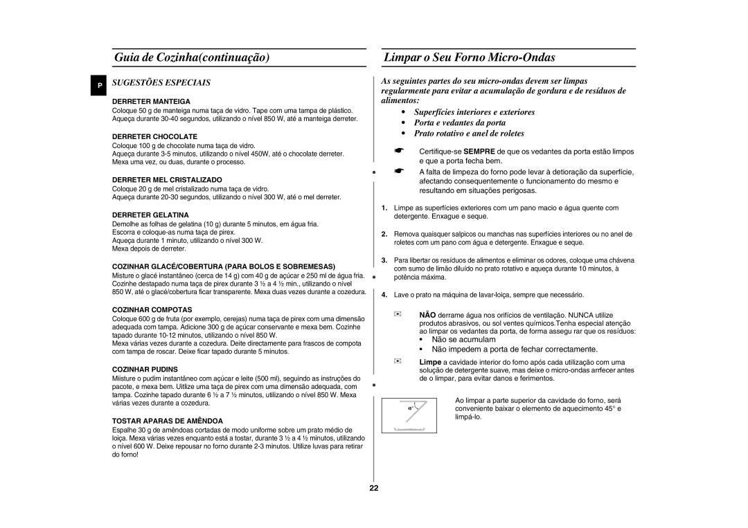 Samsung GE81W/XEC, GE81W-S/XEC manual Guia de Cozinhacontinuação Limpar o Seu Forno Micro-Ondas, Sugestões Especiais 