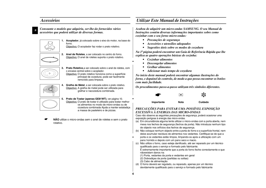 Samsung GE81W/XEC Acessórios Utilizar Este Manual de Instruções, Objectivo O anel de roletes suporta o prato rotativo 