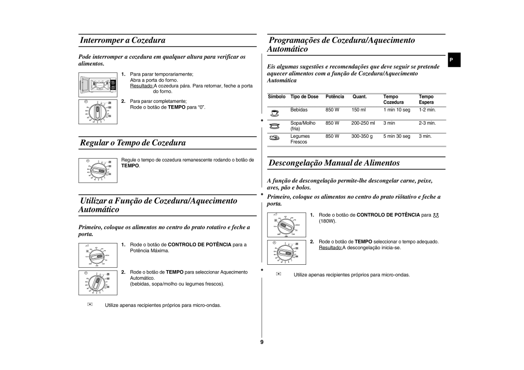 Samsung GE81W-S/XEC Interromper a Cozedura, Regular o Tempo de Cozedura, Programações de Cozedura/Aquecimento Automático 