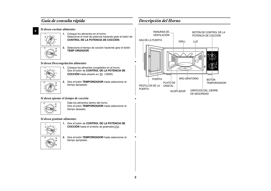 Samsung GE81W/XEC Guía de consulta rápida, Descripción del Horno, Seleccione el tiempo de cocción haciendo girar el botón 