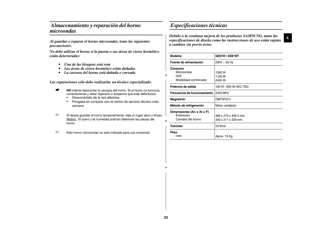 Samsung GE81W-S/XEC Almacenamiento y reparación del horno microondas, Especificaciones técnicas, Dimensiones An x Al x F 