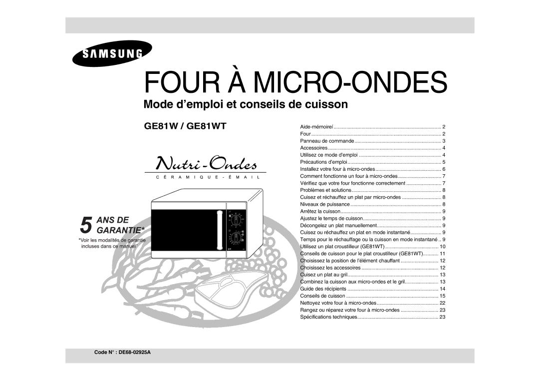 Samsung GE81W/XEF manual Four À MICRO-ONDES, Code N DE68-02925A 