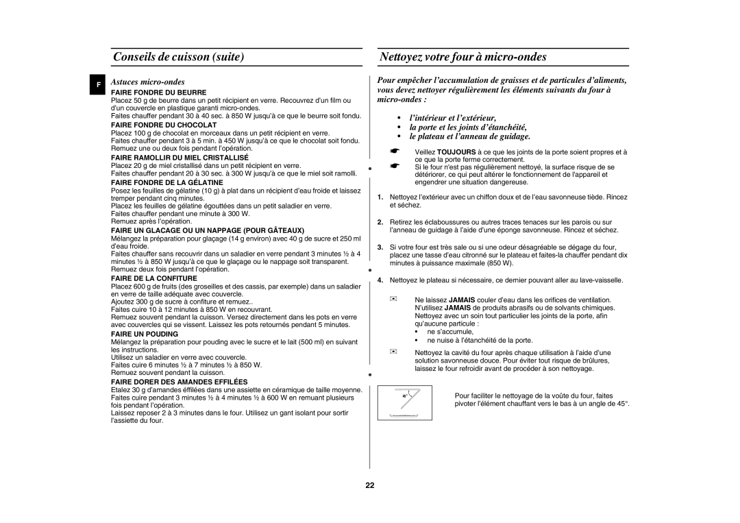 Samsung GE81W/XEF manual Conseils de cuisson suite Nettoyez votre four à micro-ondes, Astuces micro-ondes 