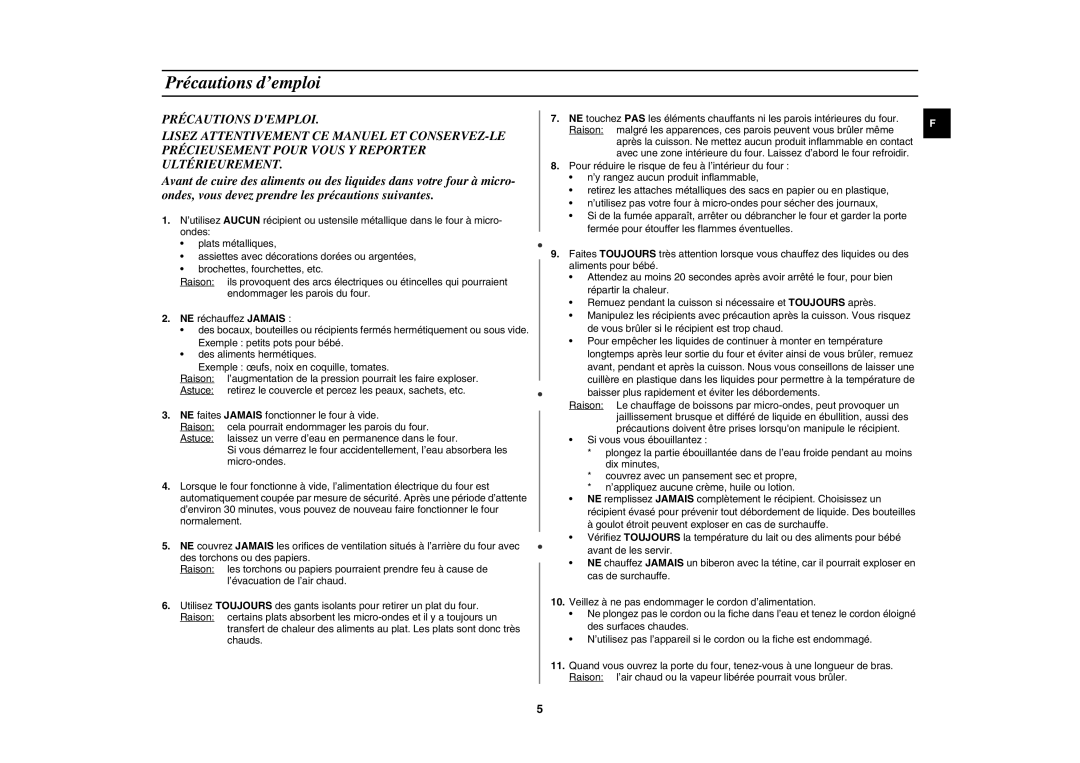 Samsung GE81W/XEF manual Précautions d’emploi, Baisser plus rapidement et éviter les débordements 