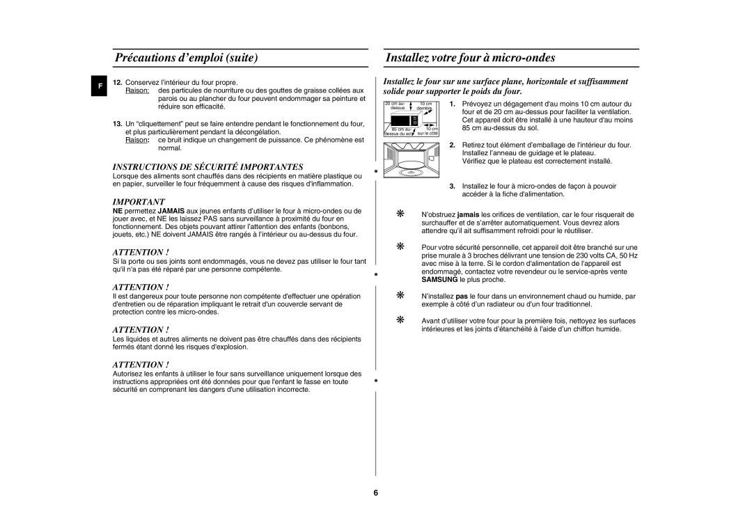 Samsung GE81W/XEF Précautions d’emploi suite, Installez votre four à micro-ondes, Instructions DE Sécurité Importantes 