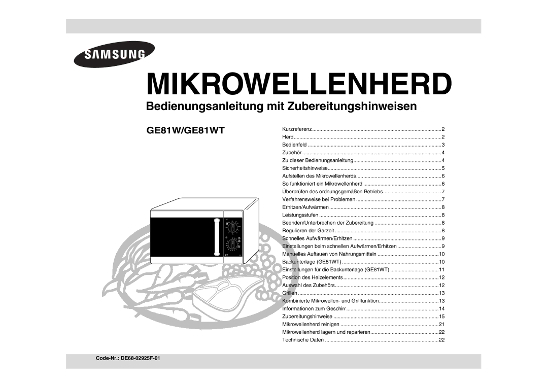 Samsung GE81W/XEG manual Mikrowellenherd, Code-Nr. DE68-02925F-01 