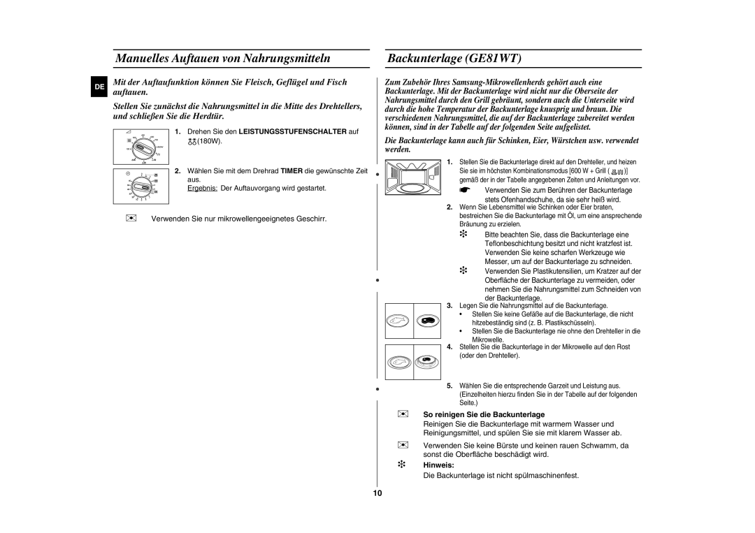 Samsung GE81W/XEG Manuelles Auftauen von Nahrungsmitteln Backunterlage GE81WT, Drehen Sie den Leistungsstufenschalter auf 