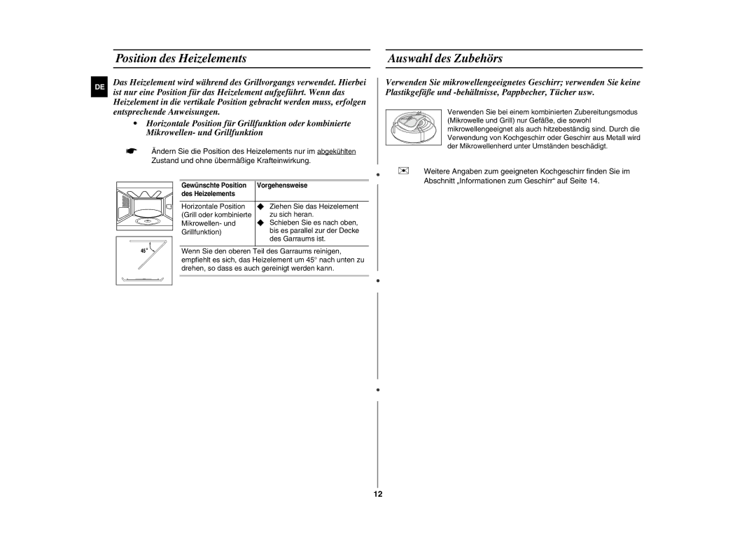 Samsung GE81W/XEG Position des Heizelements, Auswahl des Zubehörs, Gewünschte Position Vorgehensweise Des Heizelements 