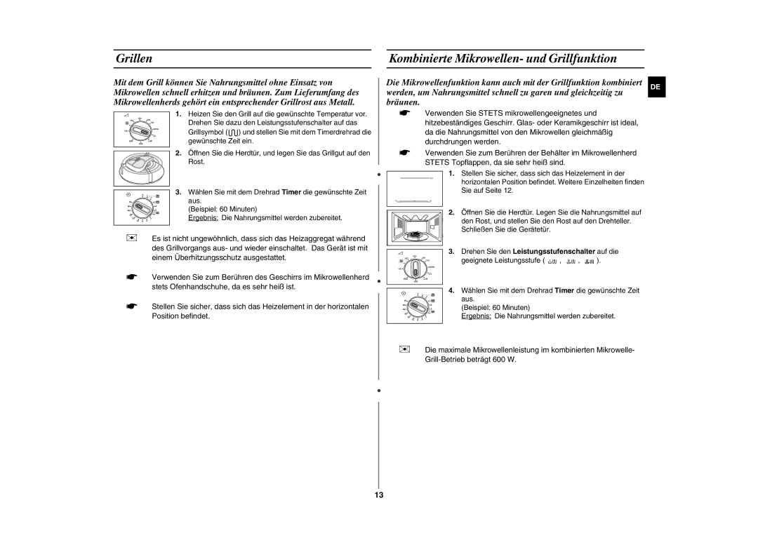 Samsung GE81W/XEG manual Grillen Kombinierte Mikrowellen- und Grillfunktion, Drehen Sie den Leistungsstufenschalter auf die 