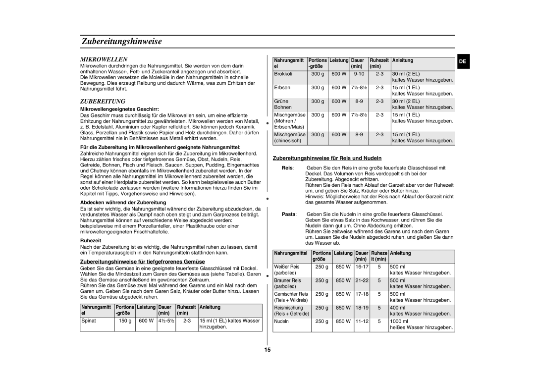 Samsung GE81W/XEG manual Zubereitungshinweise, Mikrowellen 