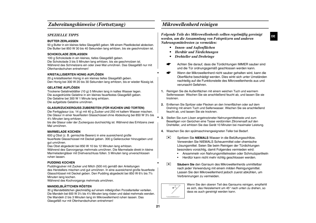 Samsung GE81W/XEG manual Zubereitungshinweise Fortsetzung Mikrowellenherd reinigen, Spezielle Tipps 