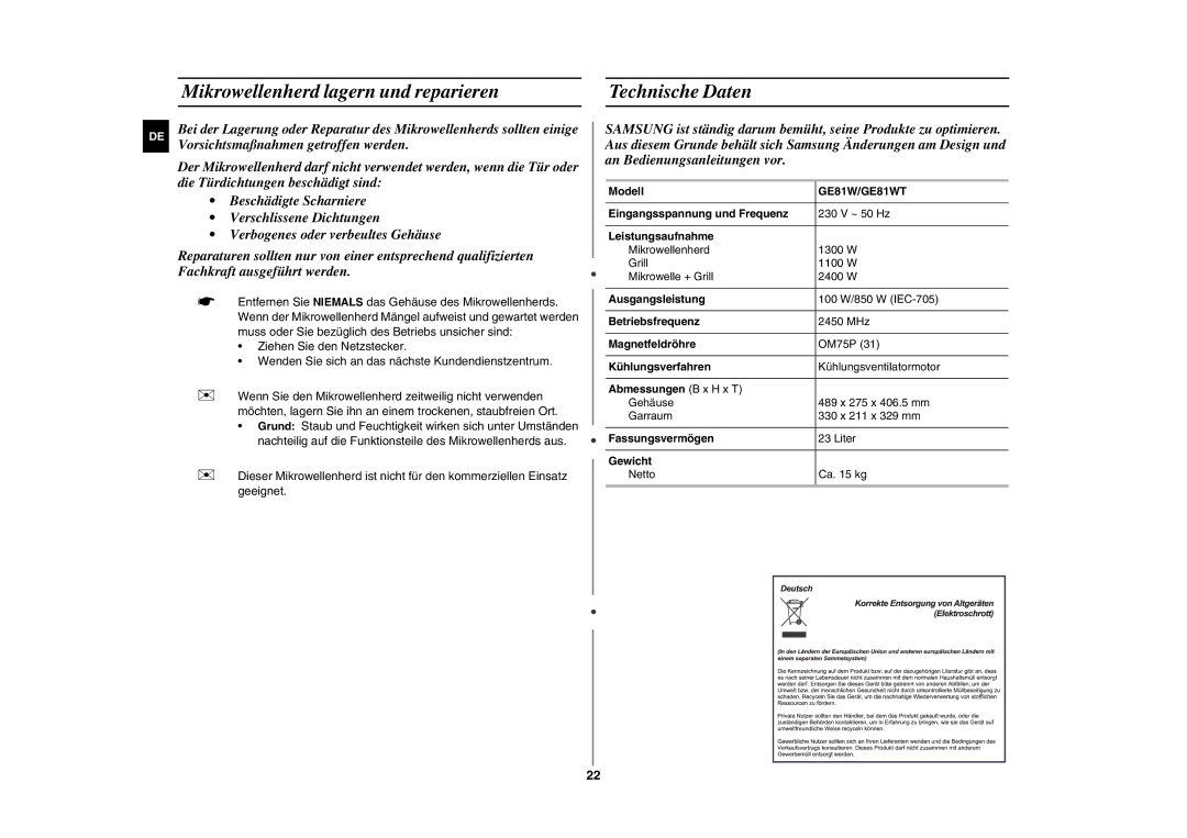 Samsung GE81W/XEG manual Mikrowellenherd lagern und reparieren, Technische Daten, GE81W/GE81WT 