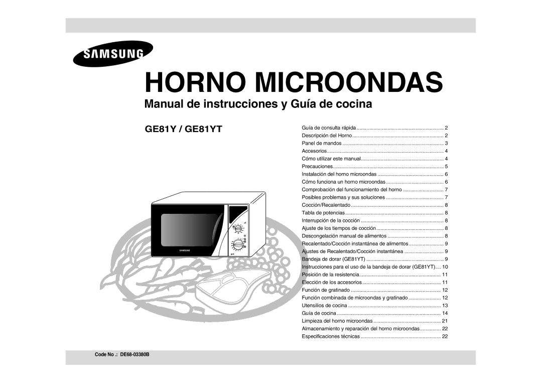 Samsung GE81Y/XEC manual Horno Microondas, Code No . DE68-03380B 