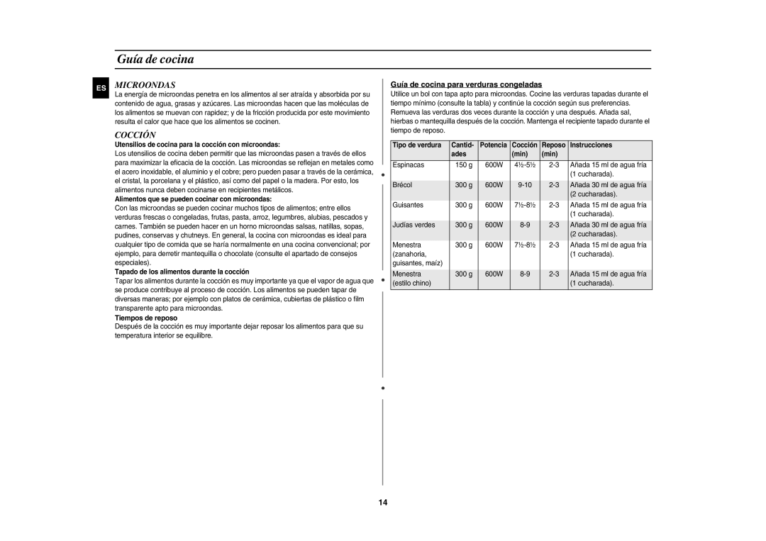 Samsung GE81Y/XEC manual Microondas, Cocción, Guía de cocina para verduras congeladas 