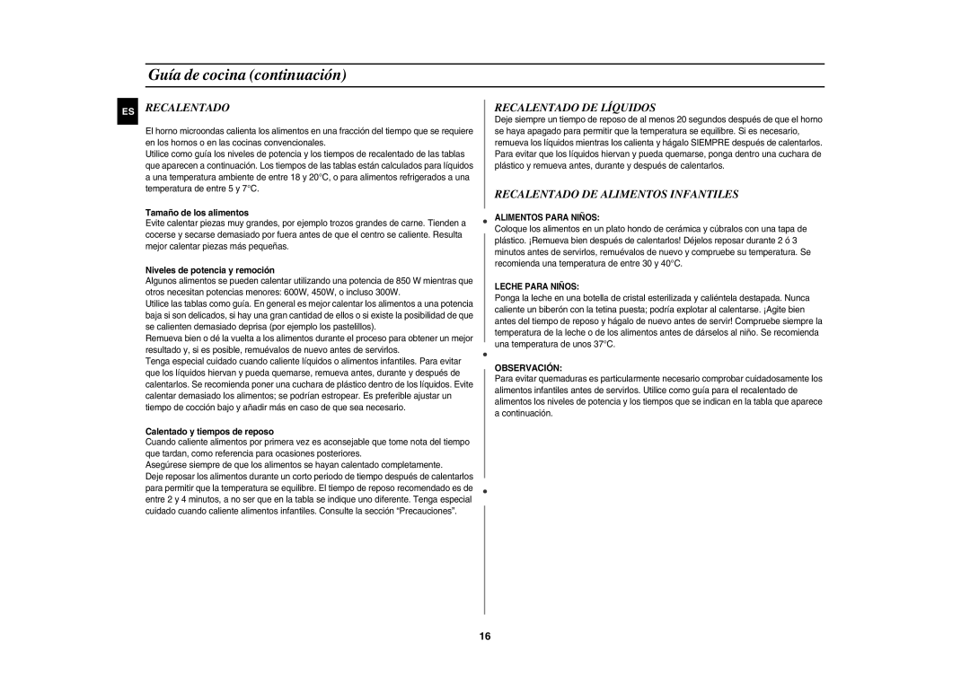 Samsung GE81Y/XEC manual Recalentado DE Líquidos, Recalentado DE Alimentos Infantiles 