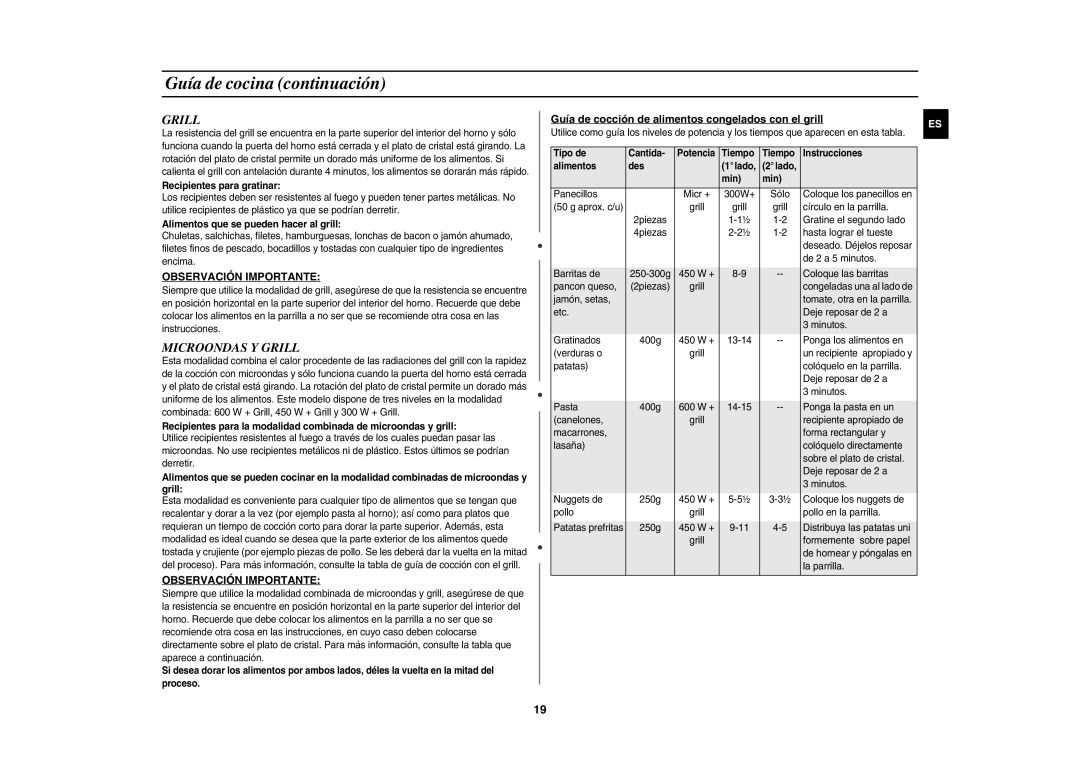 Samsung GE81Y/XEC Microondas Y Grill, Guía de cocción de alimentos congelados con el grill, Recipientes para gratinar 