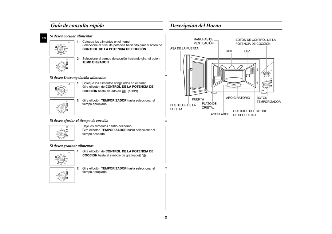 Samsung GE81Y/XEC Guía de consulta rápida Descripción del Horno, Seleccione el tiempo de cocción haciendo girar el botón 