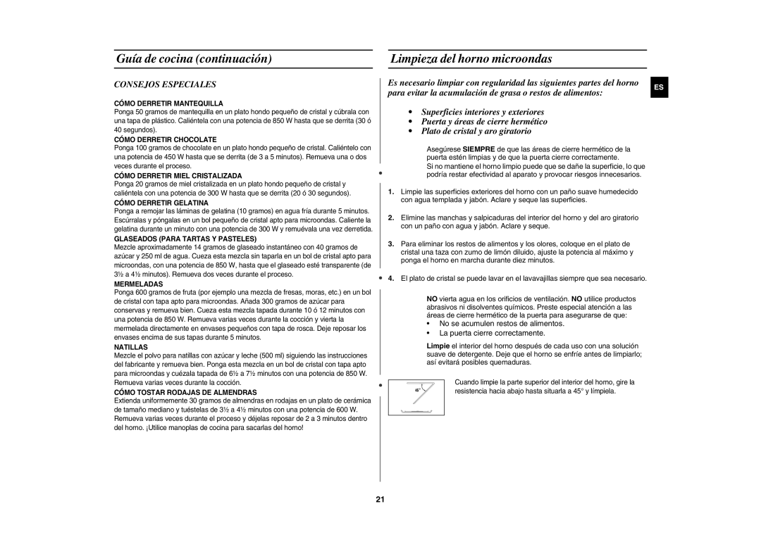 Samsung GE81Y/XEC manual Guía de cocina continuación Limpieza del horno microondas, Consejos Especiales 