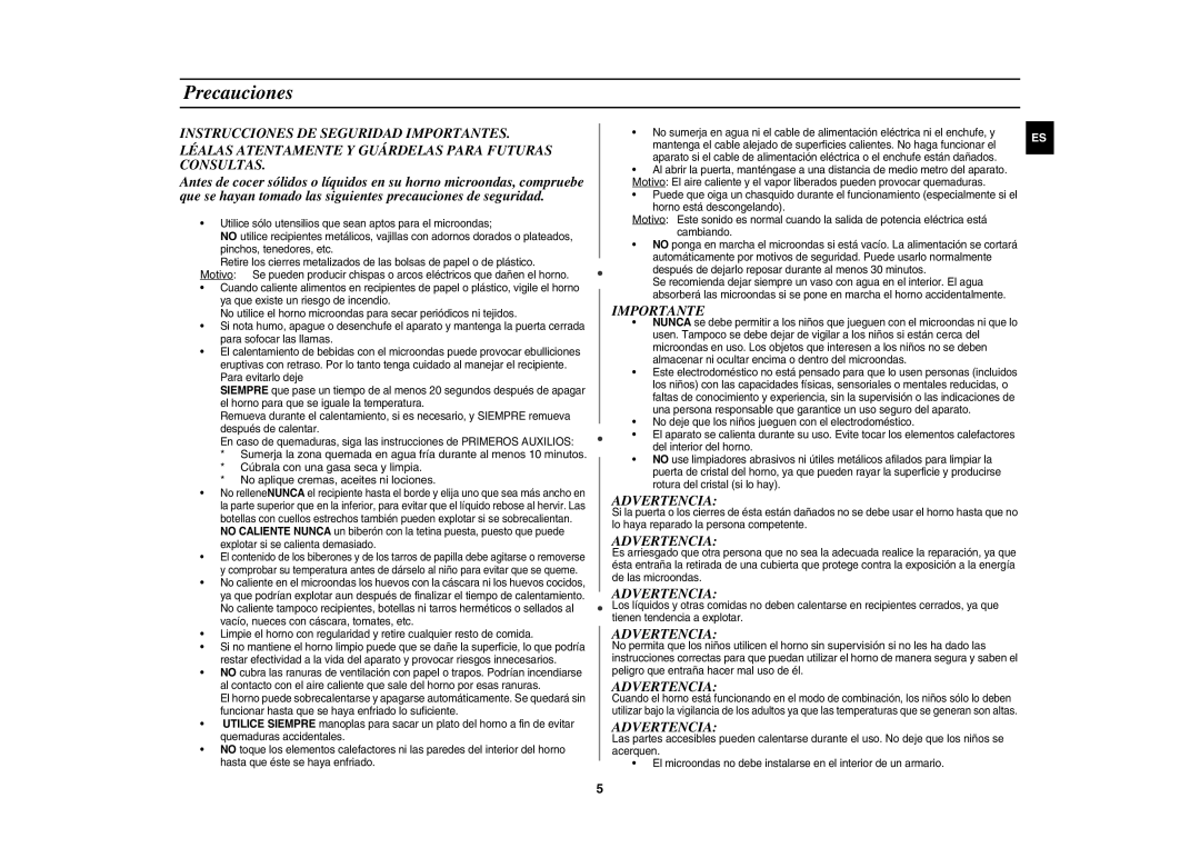 Samsung GE81Y/XEC manual Precauciones, Importante, Advertencia 