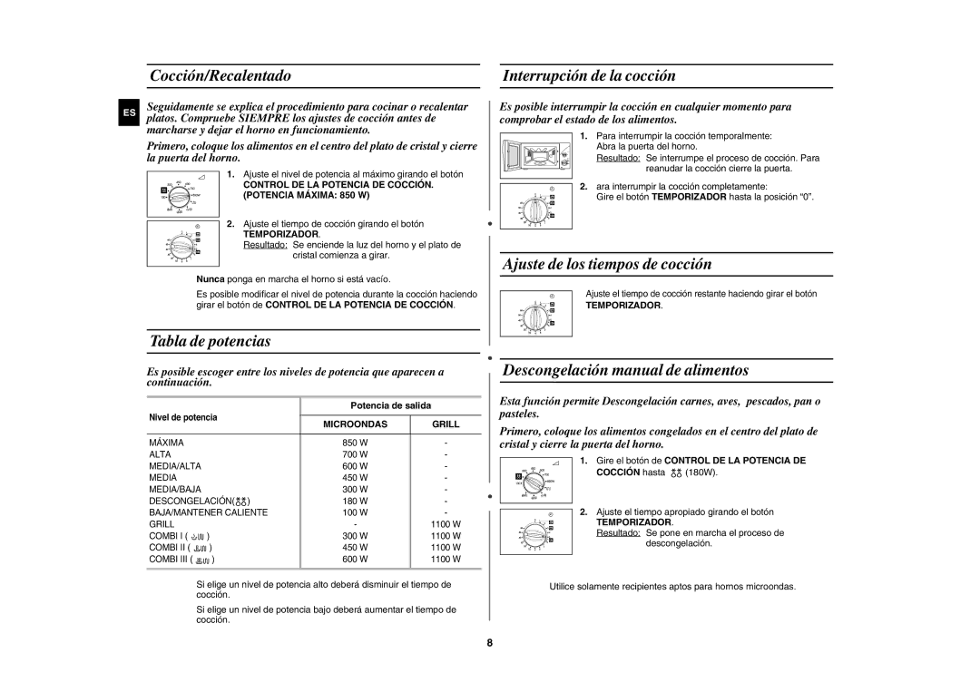 Samsung GE81Y/XEC Cocción/Recalentado, Tabla de potencias, Interrupción de la cocción, Ajuste de los tiempos de cocción 