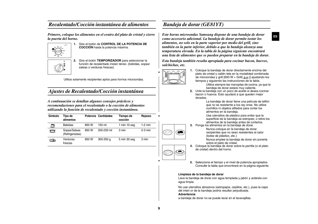 Samsung GE81Y/XEC Recalentado/Cocción instantánea de alimentos, Ajustes de Recalentado/Cocción instantánea,  Advertencia 