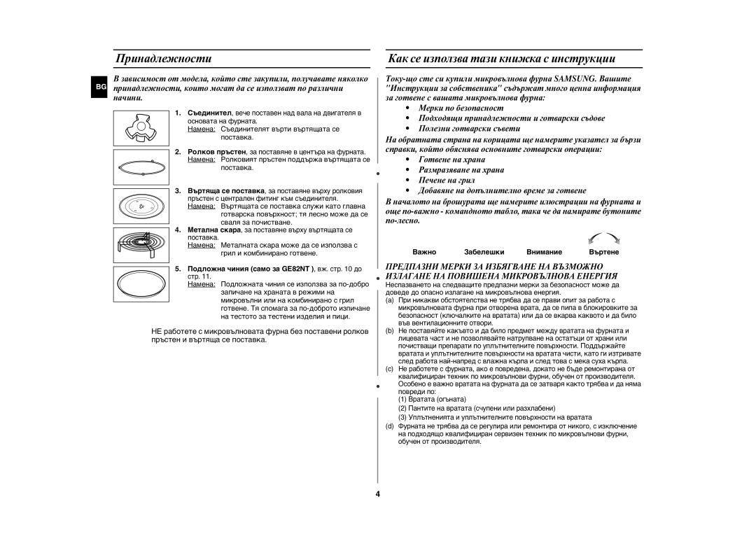 Samsung GE82N-B/BOL manual Принадлежности, Как се използва тази книжка с инструкции, Важно Забелешки Внимание Въртене 