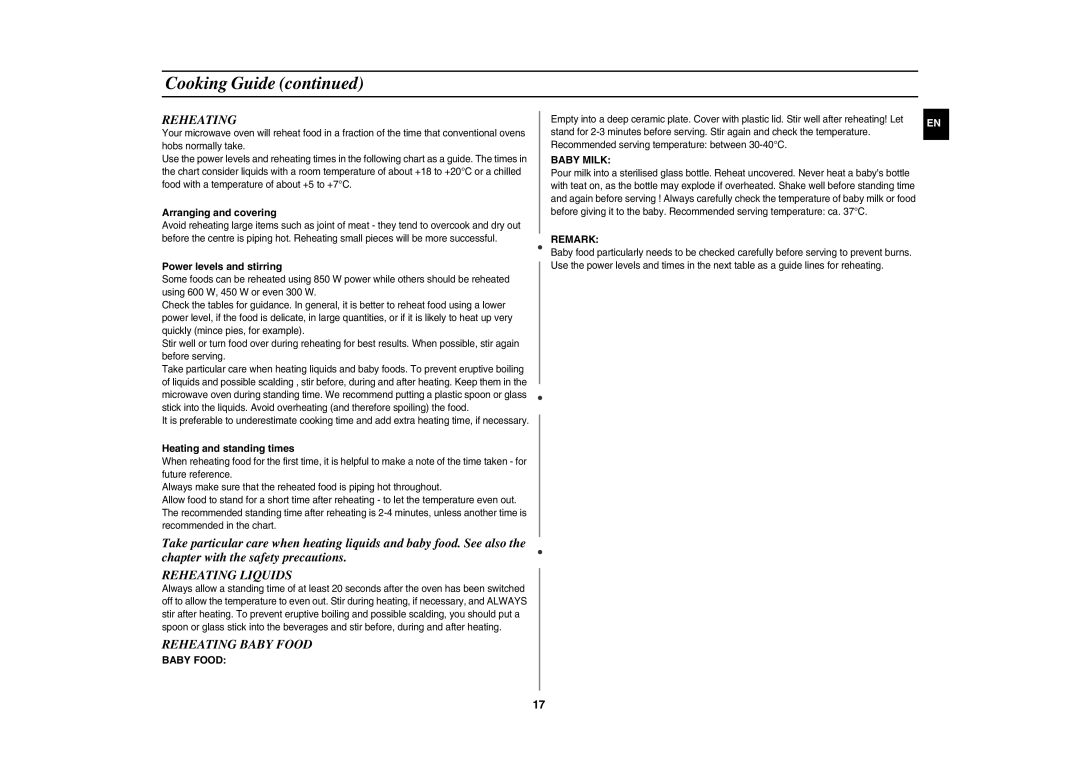 Samsung GE82N-S/BOL, GE82N-B/BOL manual Reheating Liquids, Reheating Baby Food 