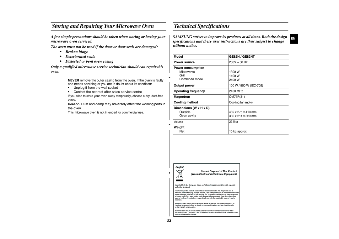 Samsung GE82N-S/BOL, GE82N-B/BOL manual Storing and Repairing Your Microwave Oven, Technical Specifications 