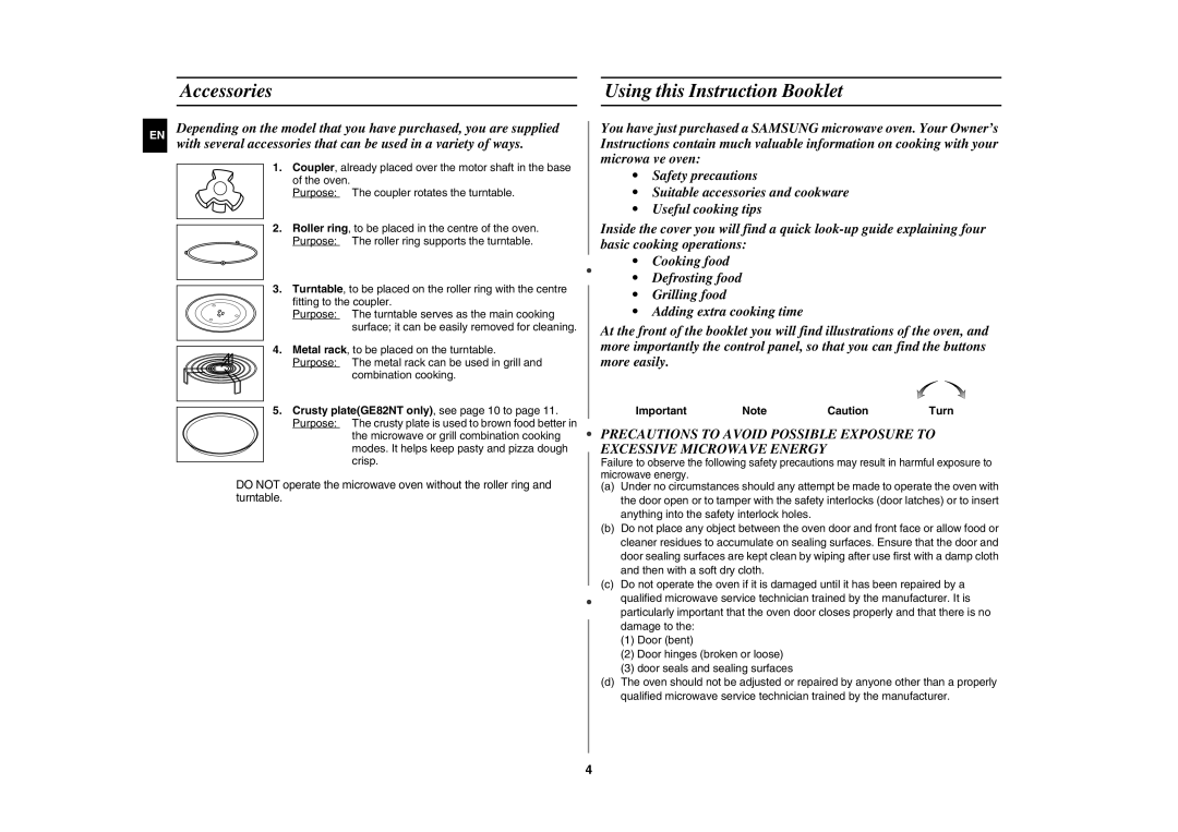 Samsung GE82N-B/BOL Accessories Using this Instruction Booklet, Coupler, already placed over the motor shaft in the base 