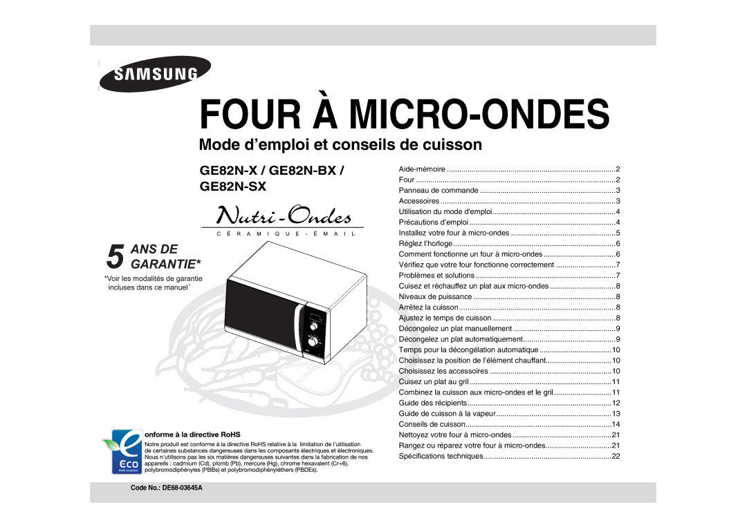 Samsung GE82N-X/XEF manual Four À MICRO-ONDES, Code No. DE68-03645A 