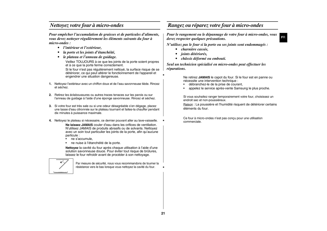 Samsung GE82N-X/XEF manual Nettoyez votre four à micro-ondes, Rangez ou réparez votre four à micro-ondes 