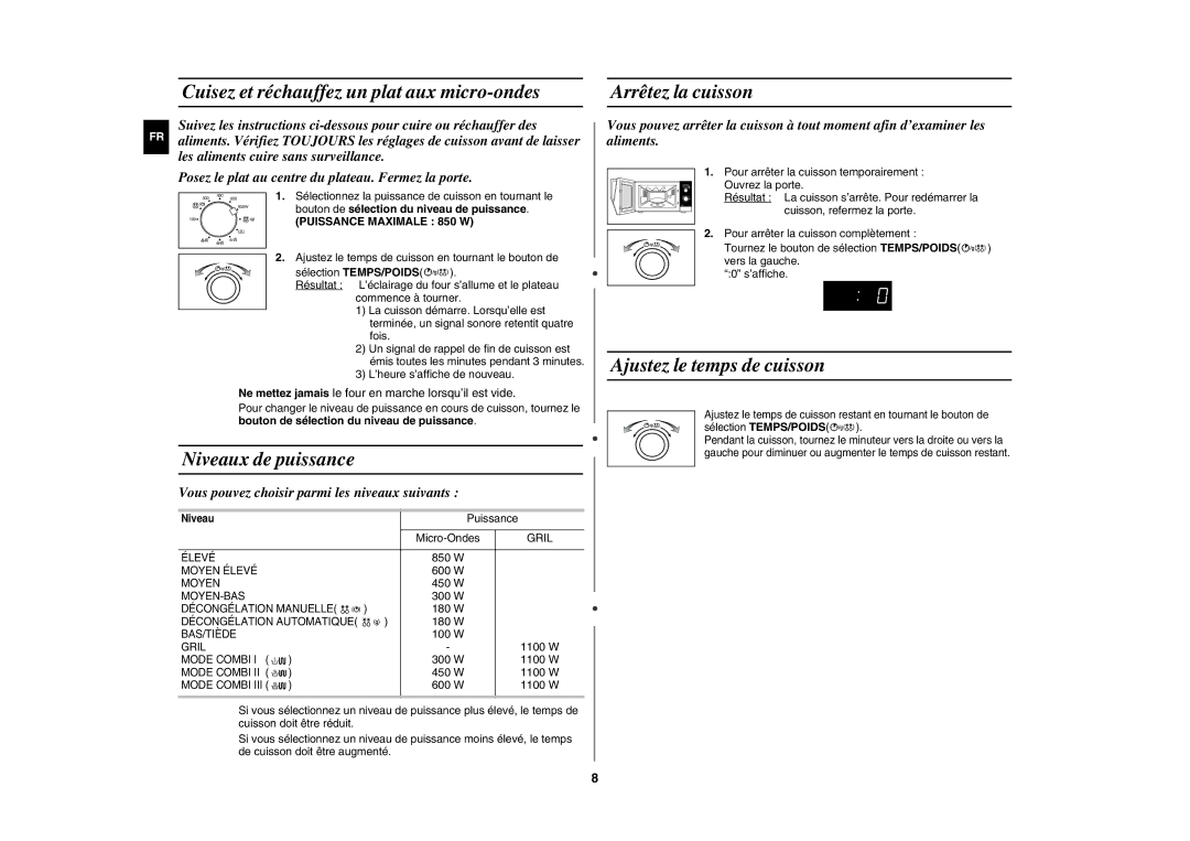 Samsung GE82N-X/XEF manual Cuisez et réchauffez un plat aux micro-ondes, Niveaux de puissance, Arrêtez la cuisson 