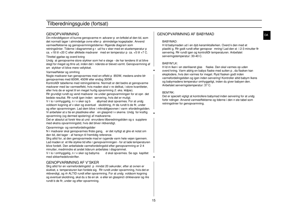 Samsung GE82NC-S/XEE manual Tilberedningsguide fortsat, Genopvarmning AF Væsker, Genopvarmning AF Babymad 