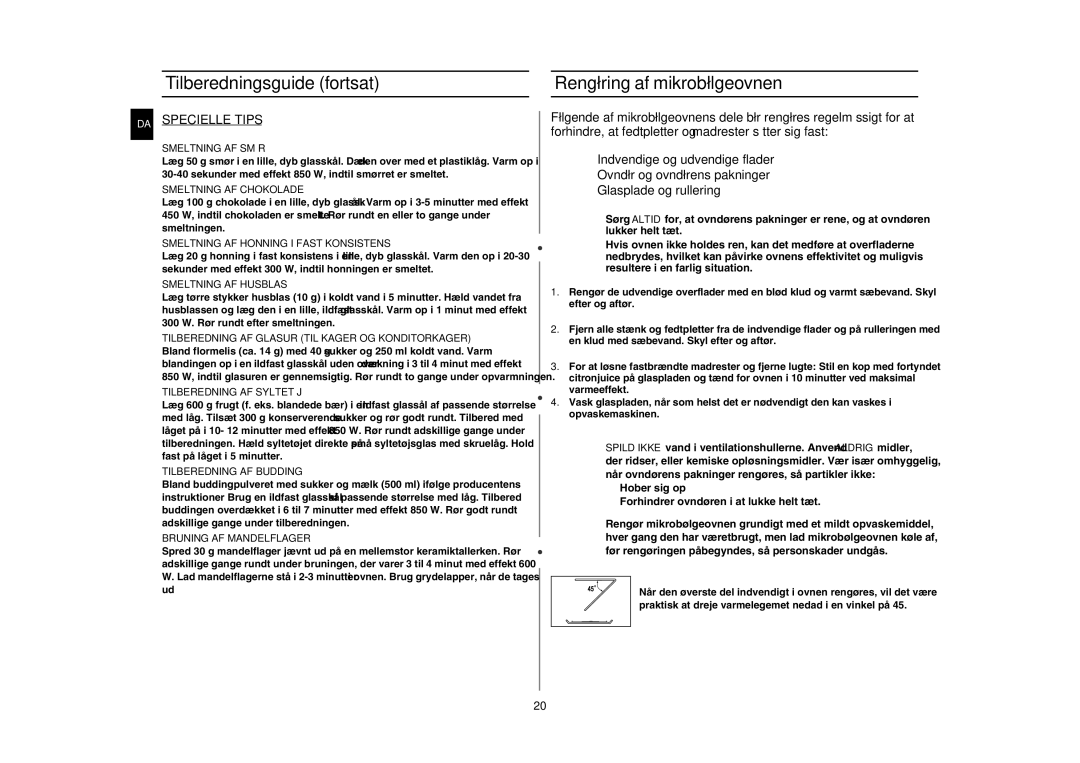 Samsung GE82NC-S/XEE manual Tilberedningsguide fortsat Rengøring af mikrobølgeovnen, Specielle Tips 