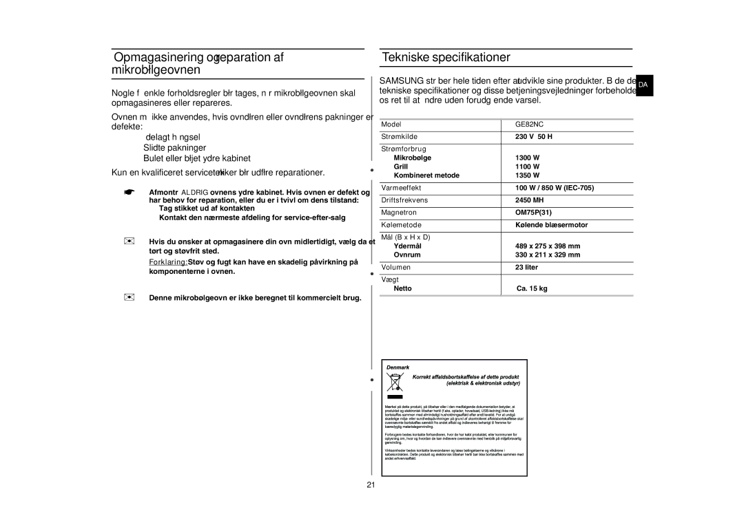 Samsung GE82NC-S/XEE manual Opmagasinering og reparation af mikrobølgeovnen, Tekniske specifikationer 