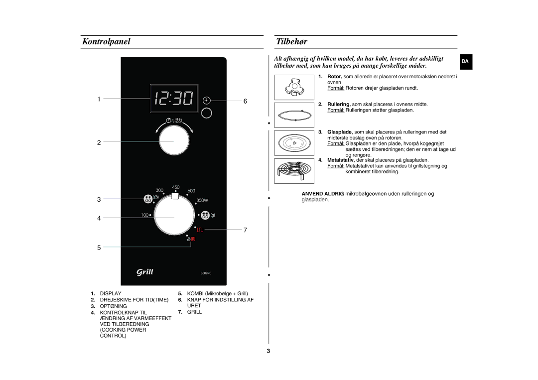 Samsung GE82NC-S/XEE manual Kontrolpanel Tilbehør 