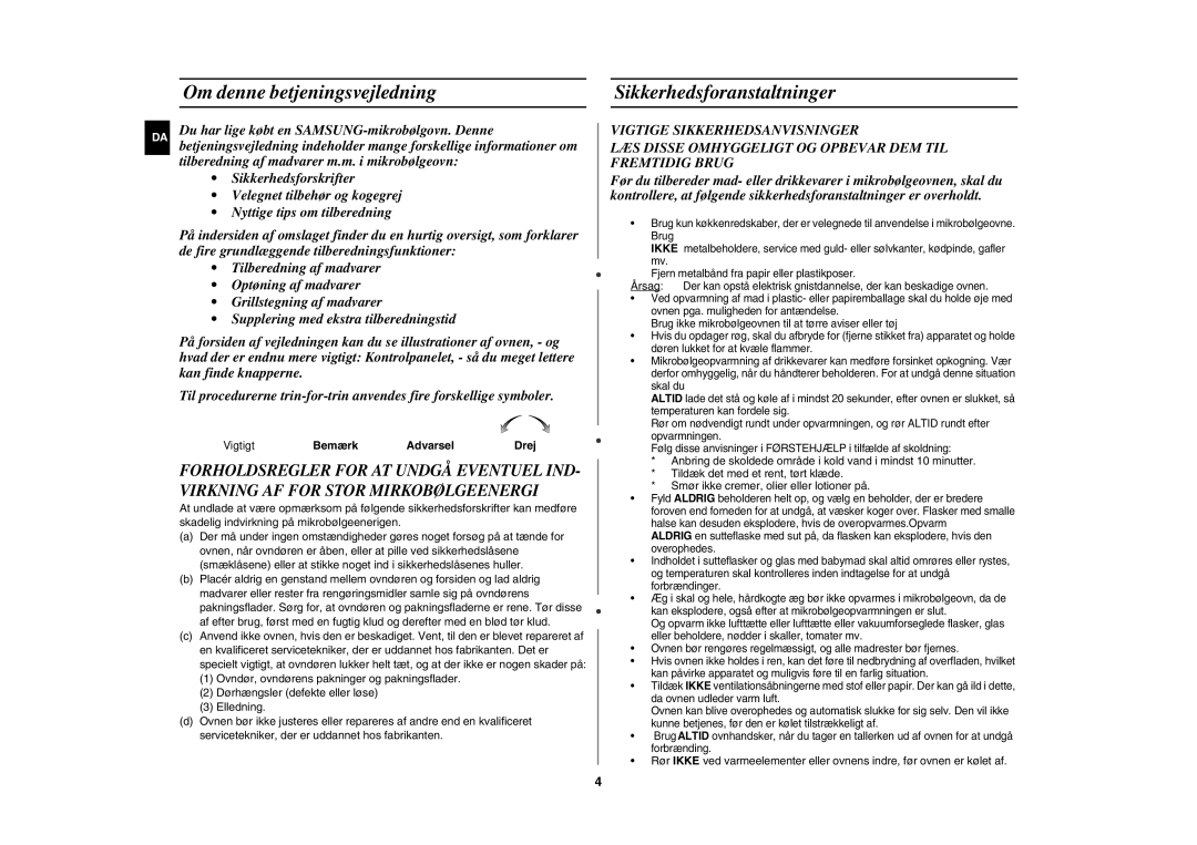 Samsung GE82NC-S/XEE manual   , Om denne betjeningsvejledning Sikkerhedsforanstaltninger 