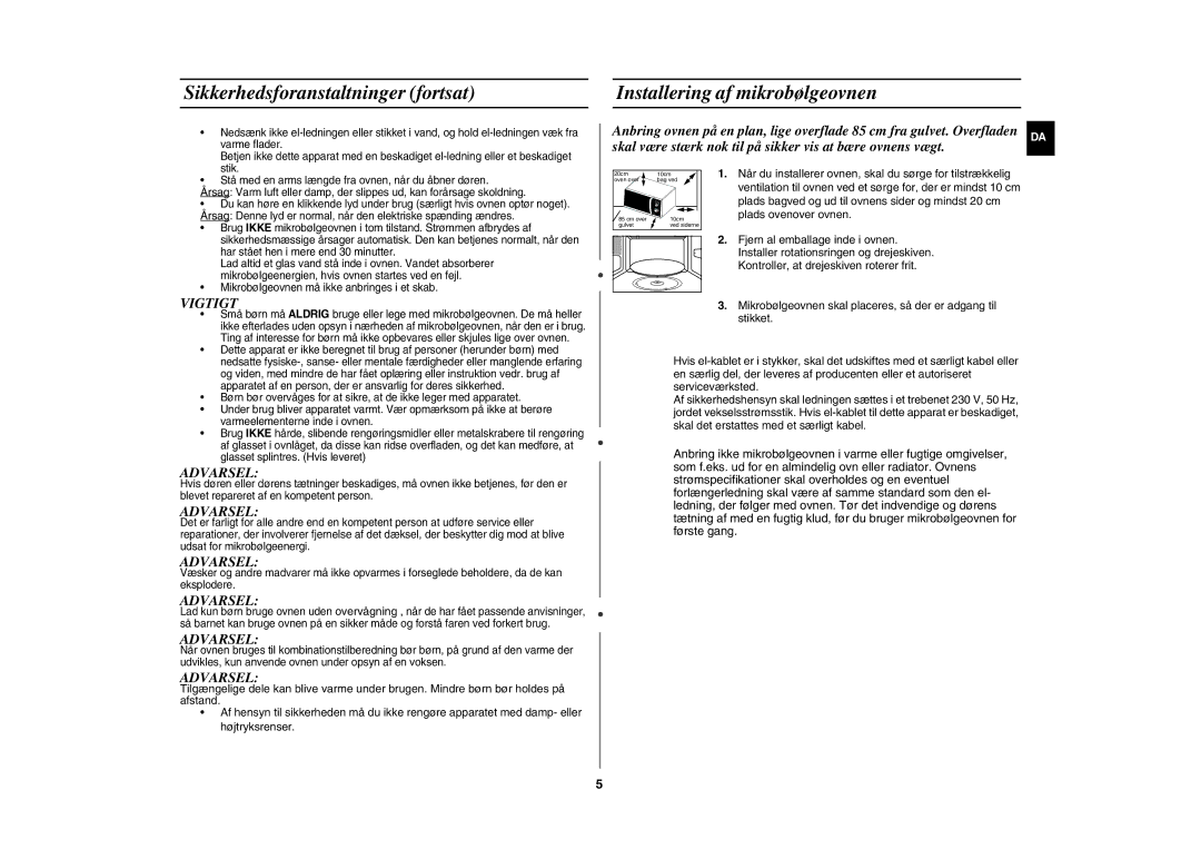 Samsung GE82NC-S/XEE manual Sikkerhedsforanstaltninger fortsat, Installering af mikrobølgeovnen, Vigtigt 