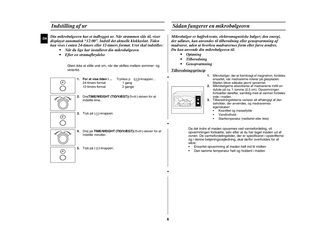 Samsung GE82NC-S/XEE manual Indstilling af ur, Sådan fungerer en mikrobølgeovn 