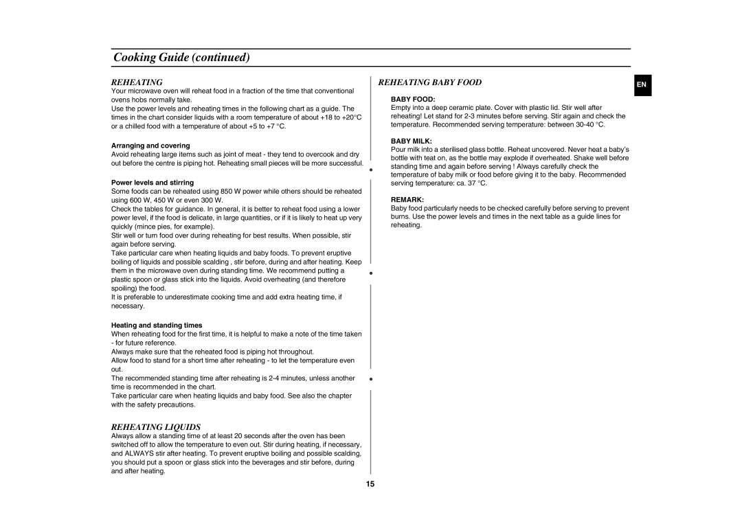 Samsung GE82NC-S/XEE manual Reheating Liquids, Reheating Baby Food 