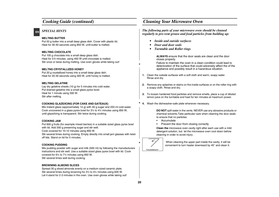 Samsung GE82NC-S/XEE manual Cleaning Your Microwave Oven, EN Special Hints 