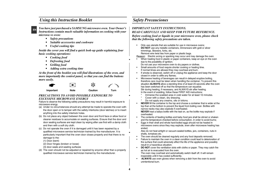 Samsung GE82NC-S/XEE manual Using this Instruction Booklet, Safety Precauciones 