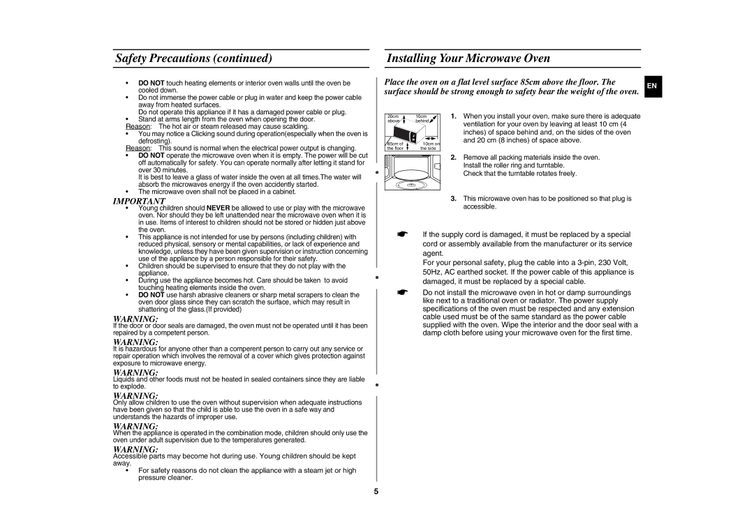 Samsung GE82NC-S/XEE manual Safety Precautions, Installing Your Microwave Oven 