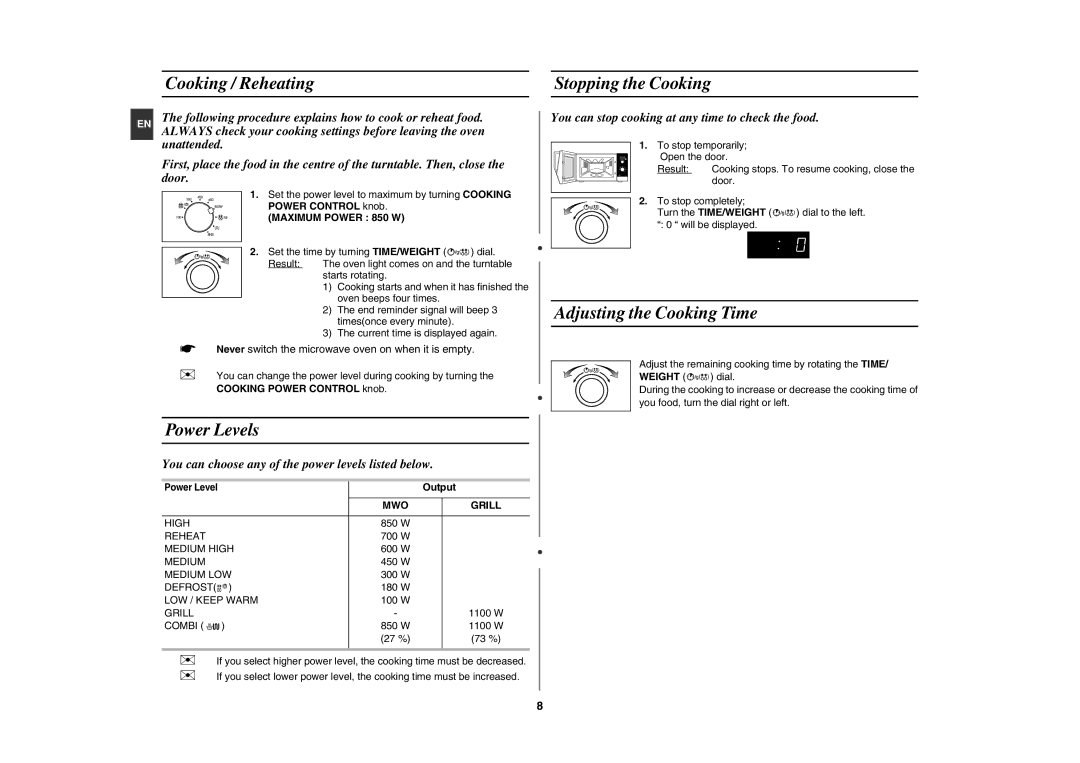 Samsung GE82NC-S/XEE manual Cooking / Reheating Stopping the Cooking, Power Levels, Adjusting the Cooking Time 