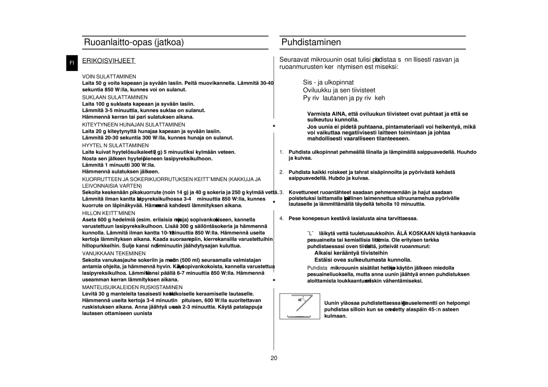 Samsung GE82NC-S/XEE manual Puhdistaminen, Erikoisvihjeet 