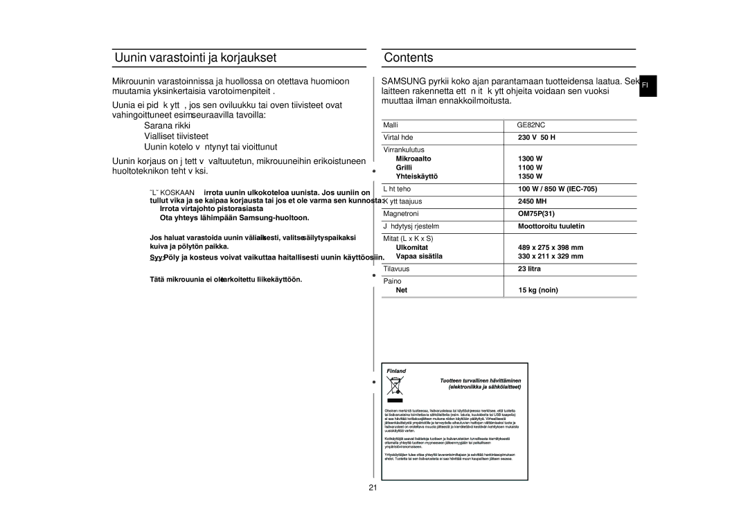 Samsung GE82NC-S/XEE manual Uunin varastointi ja korjaukset Contents 