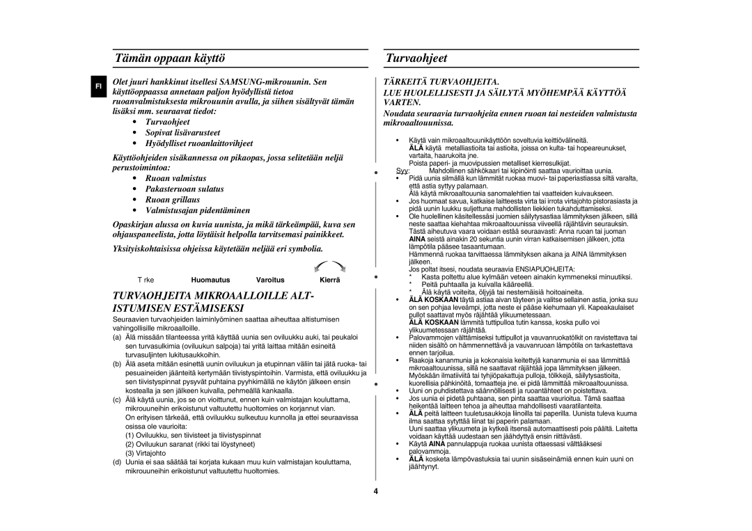 Samsung GE82NC-S/XEE manual Tämän oppaan käyttö, Turvaohjeet 