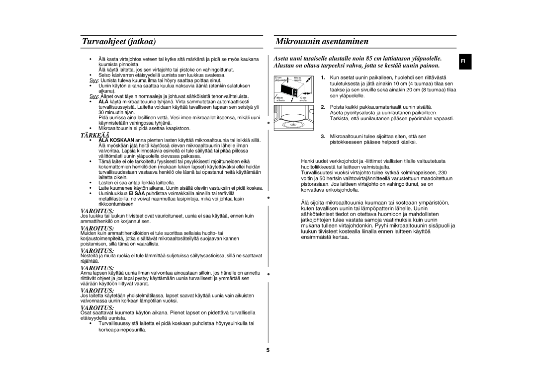 Samsung GE82NC-S/XEE manual Turvaohjeet jatkoa Mikrouunin asentaminen, Tärkeää, Varoitus 