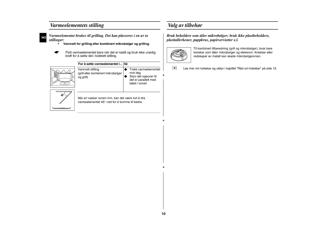 Samsung GE82NC-S/XEE manual Varmeelementets stilling Valg av tilbehør 