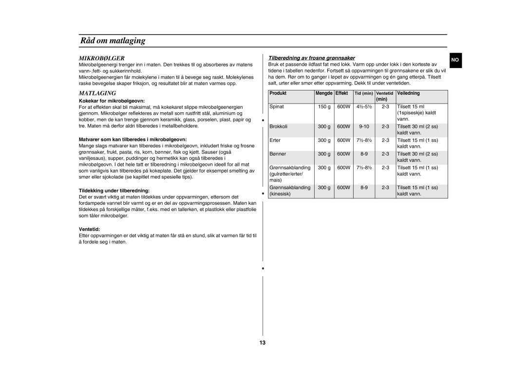 Samsung GE82NC-S/XEE manual Råd om matlaging, Mikrobølger, Matlaging, Tilberedning av frosne grønnsaker 